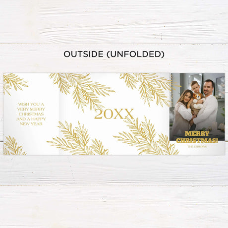 This elegant gatefold Christmas card features a festive gold botanical design on a clean white and gold background. It includes multiple photo slots, customizable text areas, and a holiday greeting for a warm, personal touch. - outside.