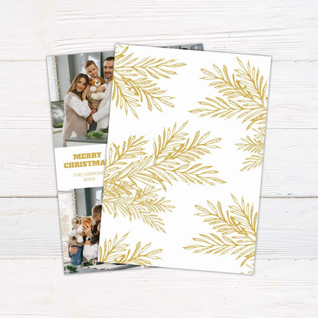 Christmas card with multiple photo collage layout, gold branch accents, and customizable family name and year for an elegant holiday greeting. - back.