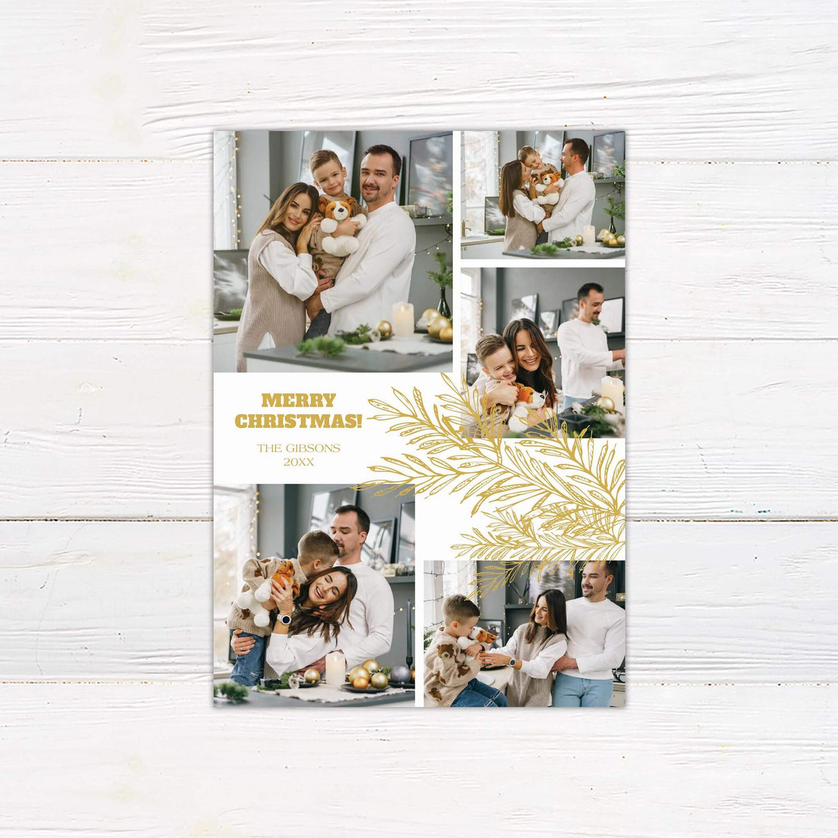Christmas card with multiple photo collage layout, gold branch accents, and customizable family name and year for an elegant holiday greeting.