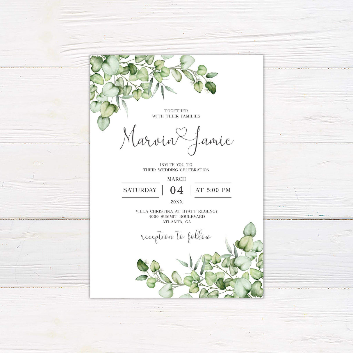 Wedding invitation with green eucalyptus watercolor branches and romantic script on white background with modern event layout