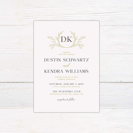 Wedding invitation with gold botanical wreath monogram, serif and script fonts, minimalist white background and formal event layout