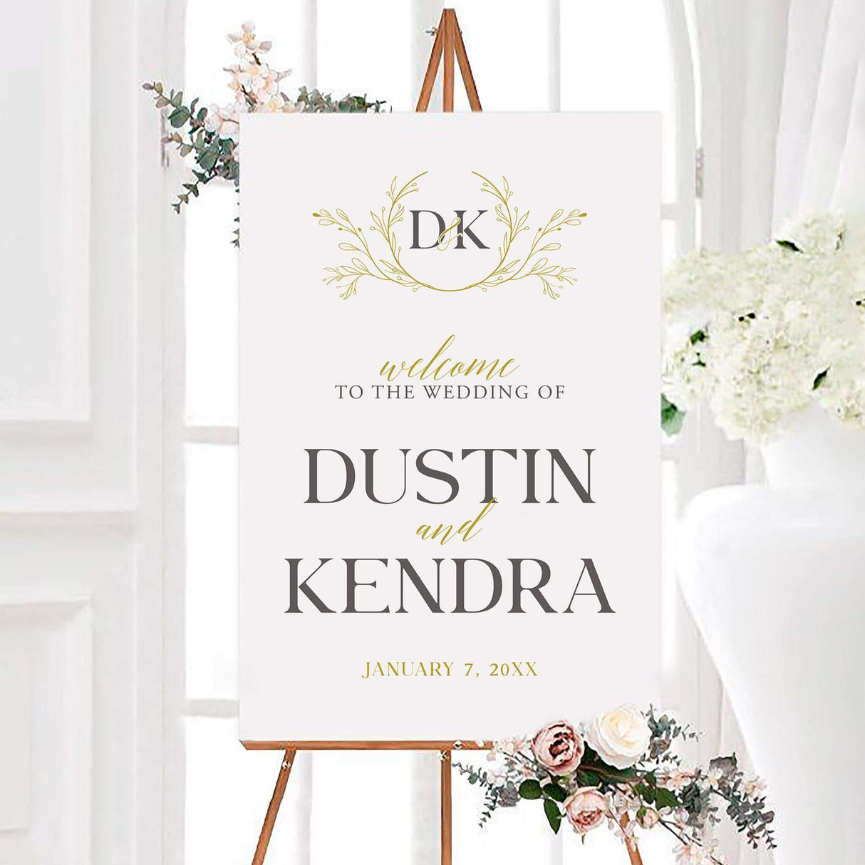 Elegant gold wreath monogram wedding welcome sign featuring a botanical gold wreath, personalized monogram, couple’s names, and wedding date. Classic serif lettering and graceful script create a sophisticated minimalist design.