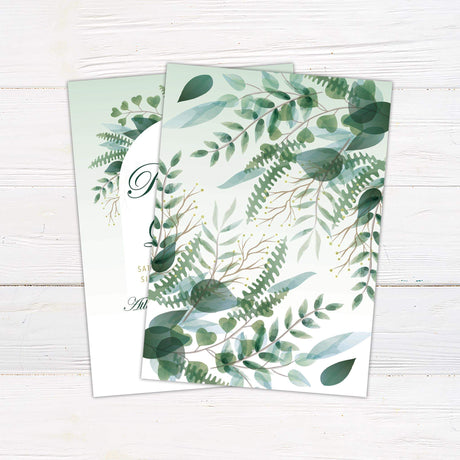 Elegant green botanical wedding invitation with arched frame, watercolor foliage, script and serif text, and soft gradient green background - back