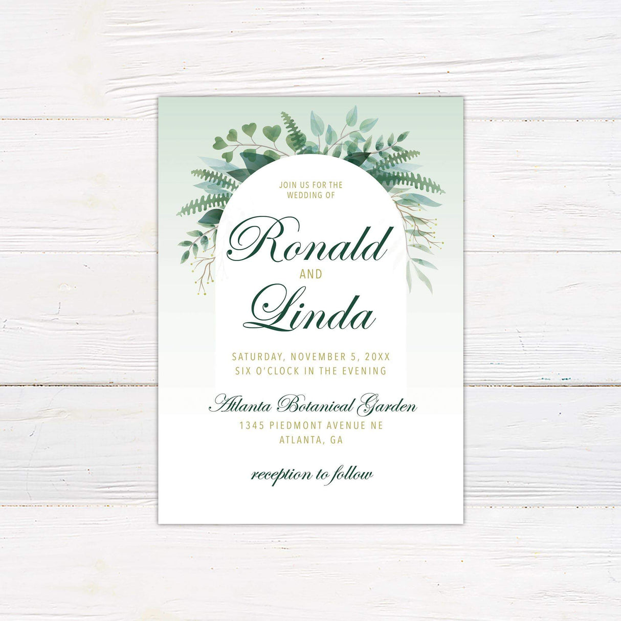 Elegant green botanical wedding invitation with arched frame, watercolor foliage, script and serif text, and soft gradient green background