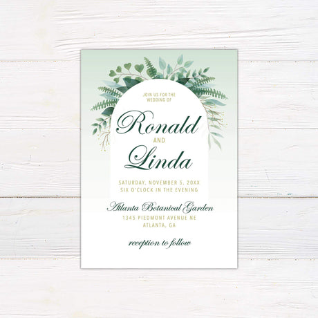 Elegant green botanical wedding invitation with arched frame, watercolor foliage, script and serif text, and soft gradient green background