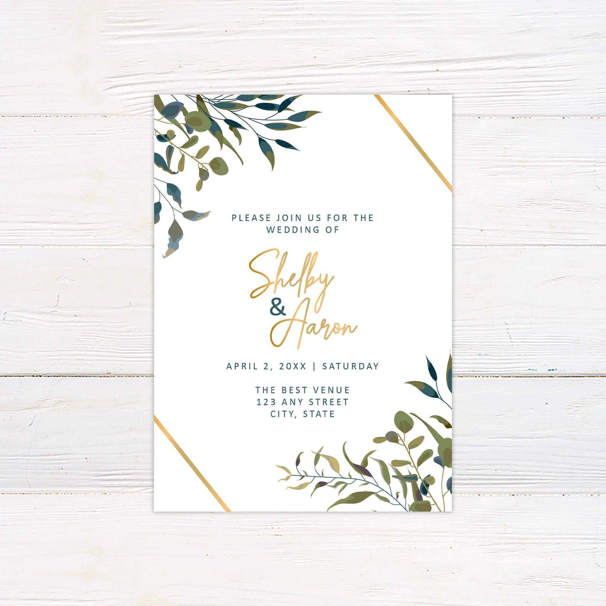 Modern wedding invitation with green leaves, gold script font, minimalist design, and botanical accents on white background
