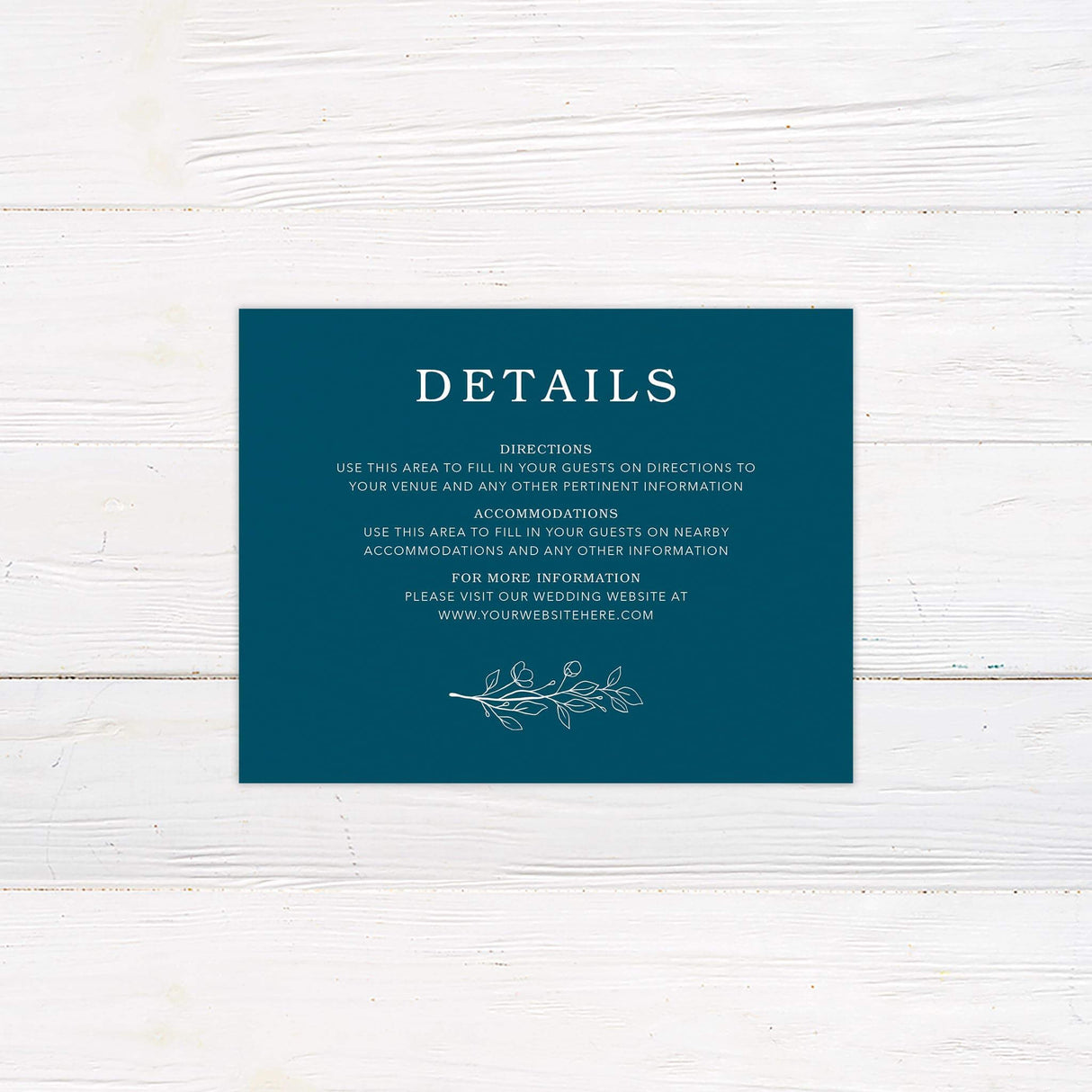 Matching details card with a refined floral motif and minimalist layout. Provides event information with a cohesive look that pairs perfectly with the full invitation suite.