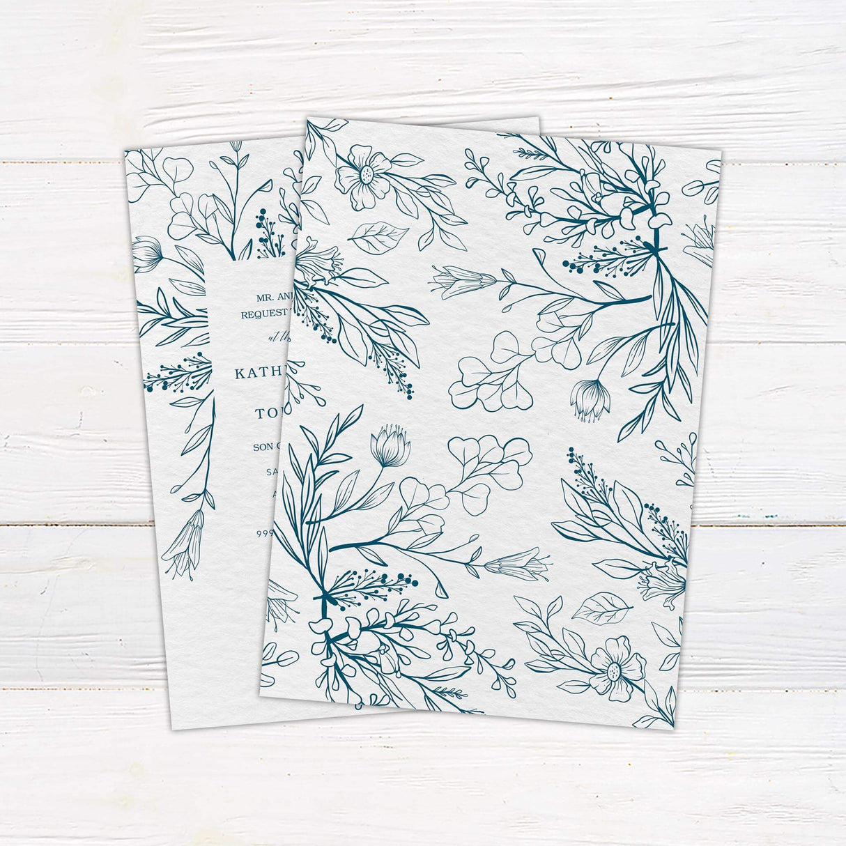 Elegant printed invitation featuring a delicate floral design with soft, neutral tones and classic typography. Ideal for weddings, parties, or formal events. Includes matching envelope. Back.