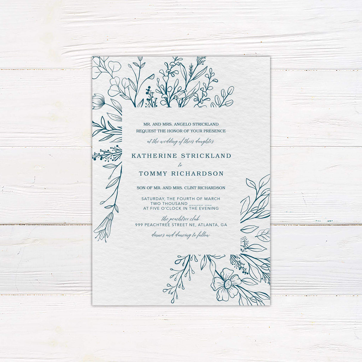 Elegant printed invitation featuring a delicate floral design with soft, neutral tones and classic typography. Ideal for weddings, parties, or formal events. Includes matching envelope