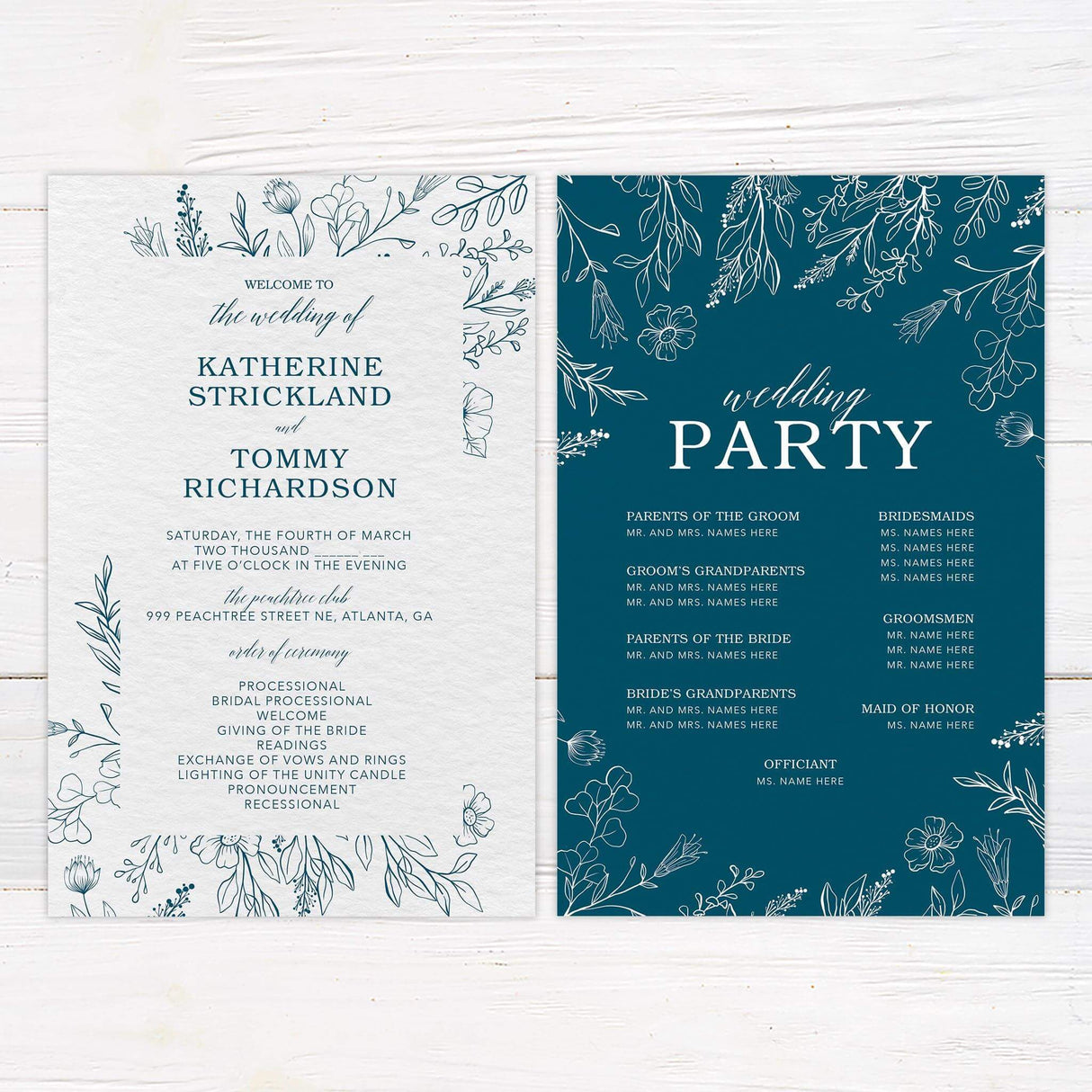Wedding program featuring a delicate floral design and organized layout. Complements the invitation suite with consistent styling and elegant details for guests to follow the ceremony.
