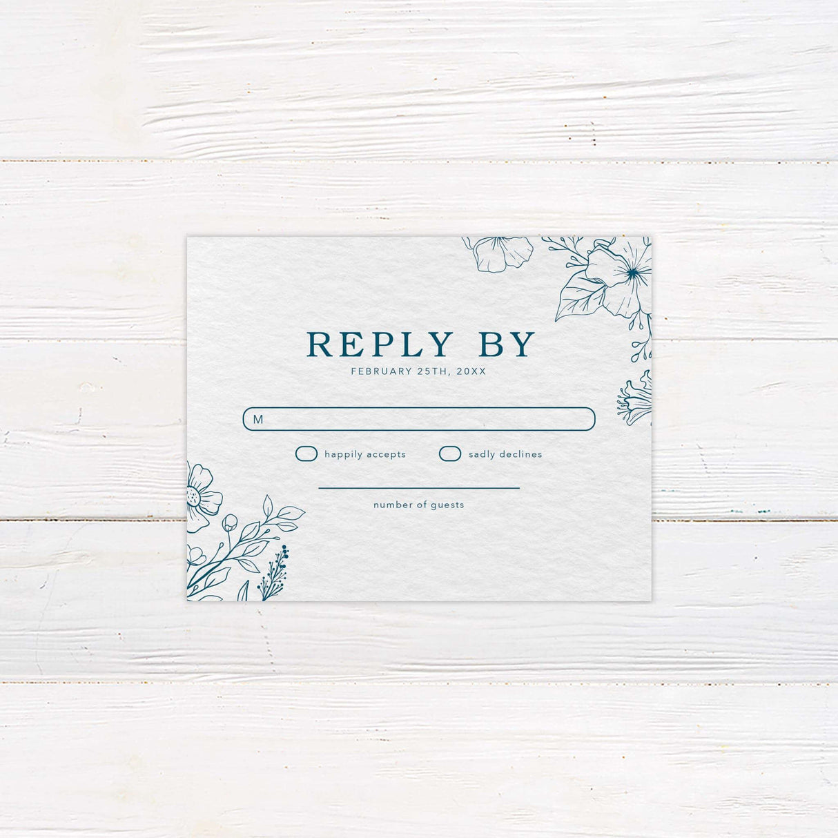 Coordinated RSVP card featuring a matching floral design and clean layout. Designed to complement the main invitation suite with elegant typography and soft, neutral tones