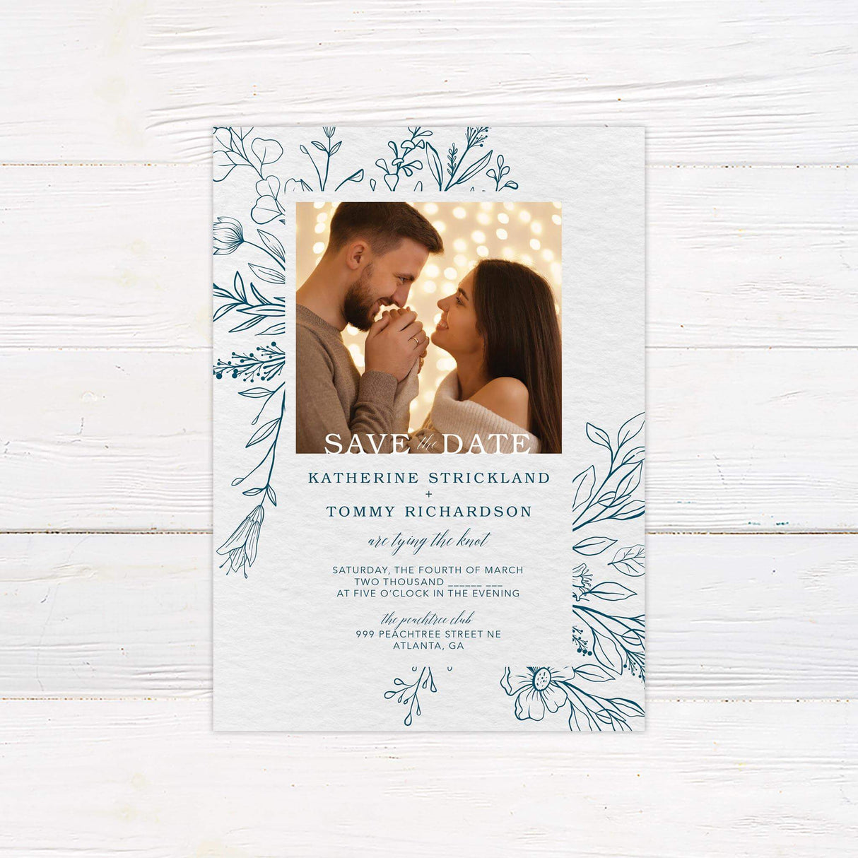 Elegant printed save the date card featuring a delicate floral design with soft, neutral tones and classic typography. Ideal for weddings, parties, or formal events. Includes matching envelope.