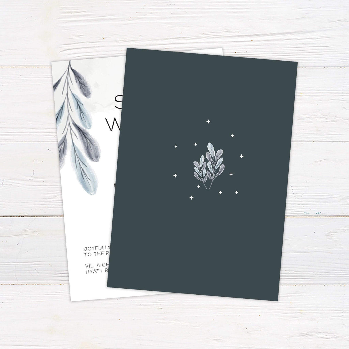 Minimalist wedding invitation with watercolor leaves in sage green and gray tones, modern sans serif font on clean white background - back