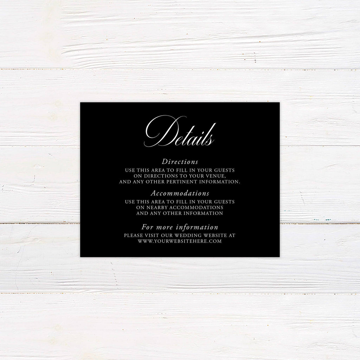A details card with a clean, black background features an elegant white serif and script typography design. The text is arranged in a balanced and structured layout, highlighting the couple's names in a bold, classic font. Event details, including the date, time, and venue, are displayed in a refined and timeless style. This minimalist and sophisticated design is perfect for a formal, modern, or traditional wedding celebration.