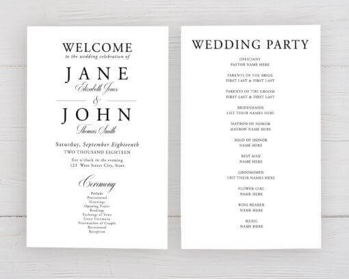 Elegant black and white wedding program featuring a minimalist design with classic serif typography. One panel welcomes guests and outlines the wedding ceremony order, including the processional, readings, exchange of vows, unity ceremony, and reception details. The second panel lists the wedding party, including officiant, parents, bridesmaids, groomsmen, and special participants. A timeless and sophisticated design, perfect for modern, classic, or formal weddings.