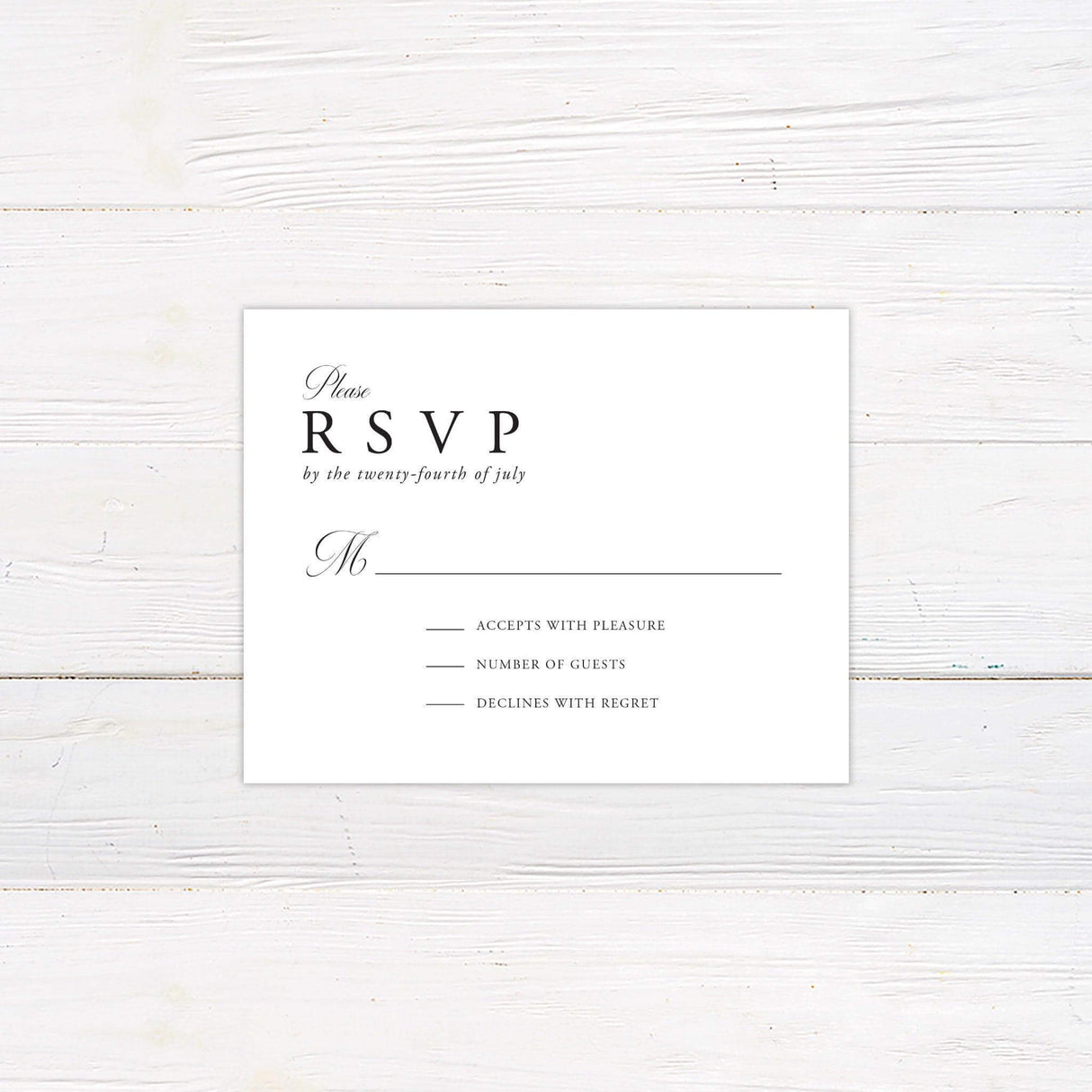 A wedding invitation  rsvp with a clean, white background features an elegant black serif and script typography design. The text is arranged in a balanced and structured layout, highlighting the couple's names in a bold, classic font.  This minimalist and sophisticated design is perfect for a formal, modern, or traditional wedding celebration.