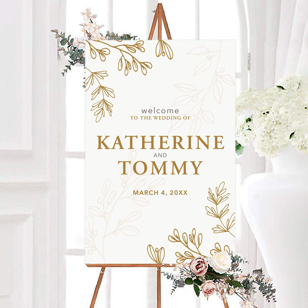 Personalized elegant monogram wedding welcome sign with warm neutral botanical line art surrounding a clean white background. Elegant serif typography displays the couple's names and wedding date in a modern, minimalist layout.