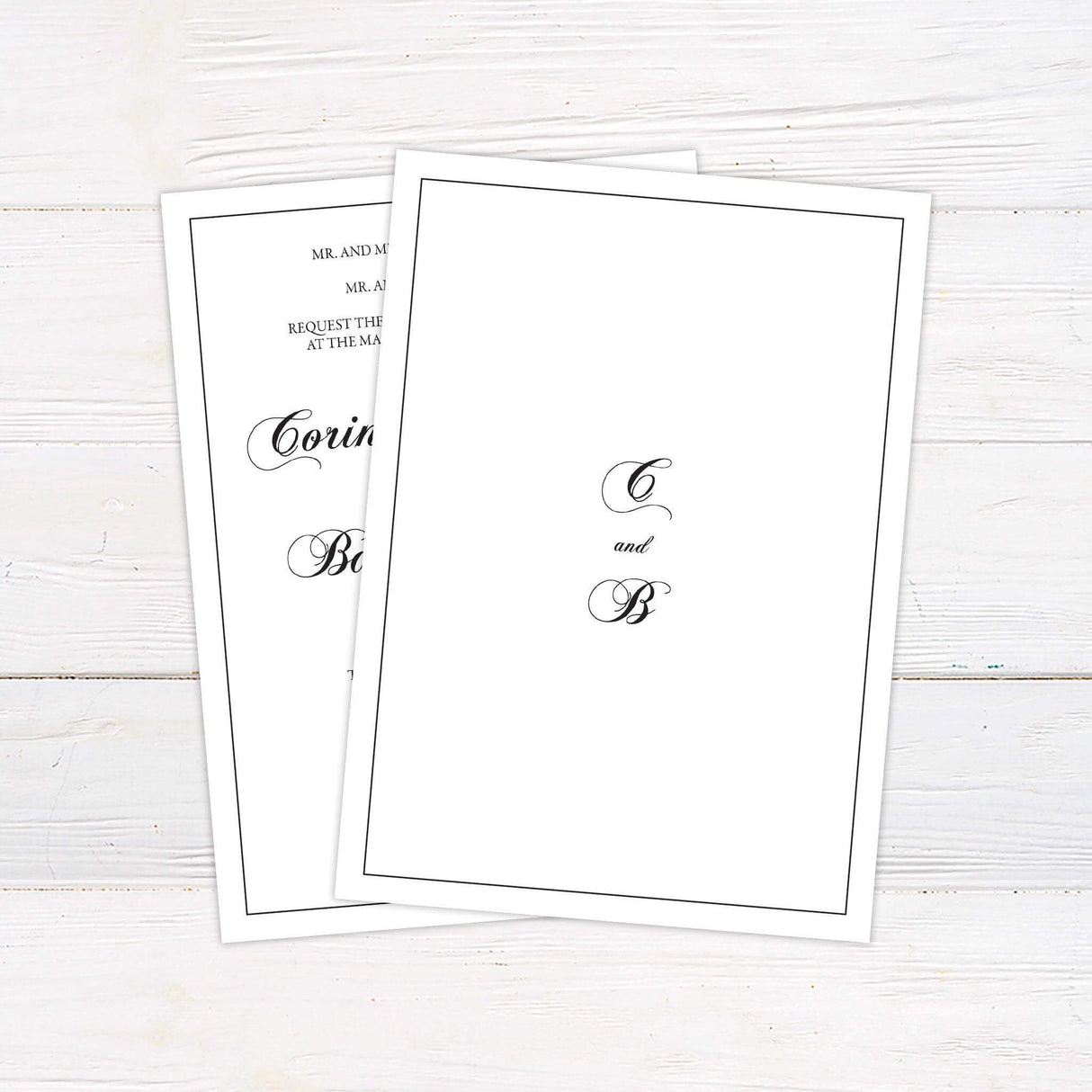 Formal black and white wedding invitation with elegant script and serif typography, bordered layout, and classic styling on white background. - back