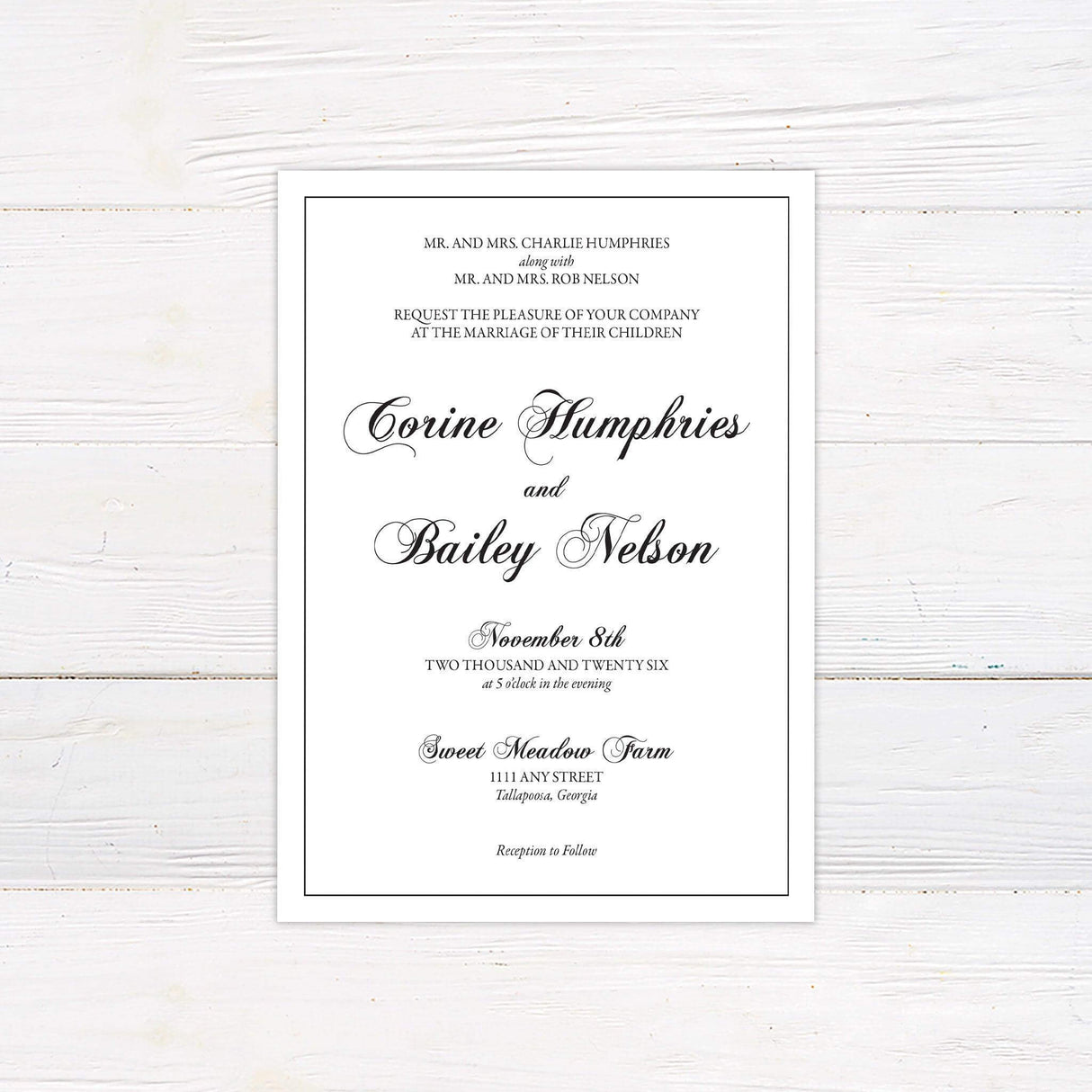 Formal black and white wedding invitation with elegant script and serif typography, bordered layout, and classic styling on white background.