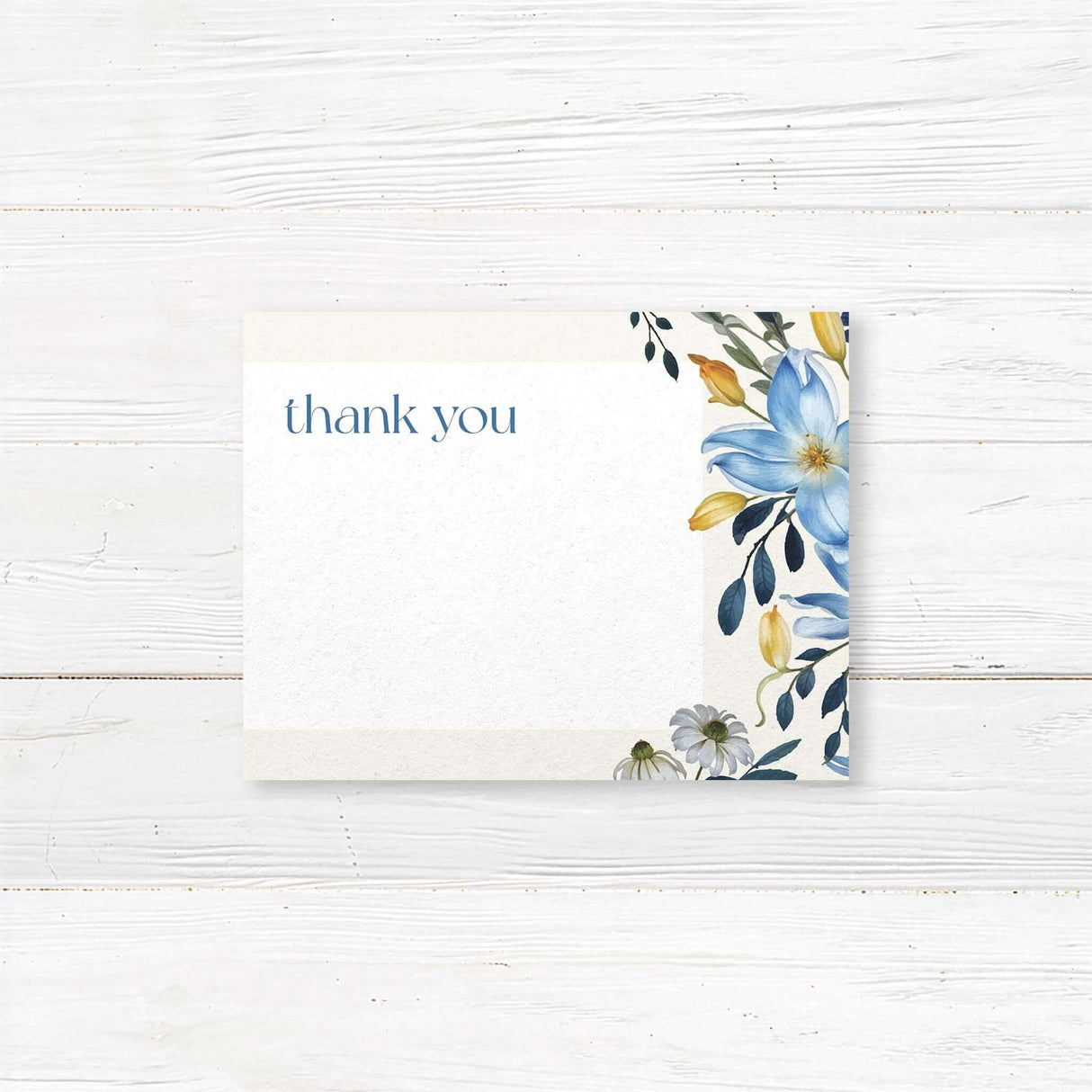 Bridal shower thank-you card featuring watercolor blue, gold, and ivory flowers, printed on premium cardstock for a floral-themed event.