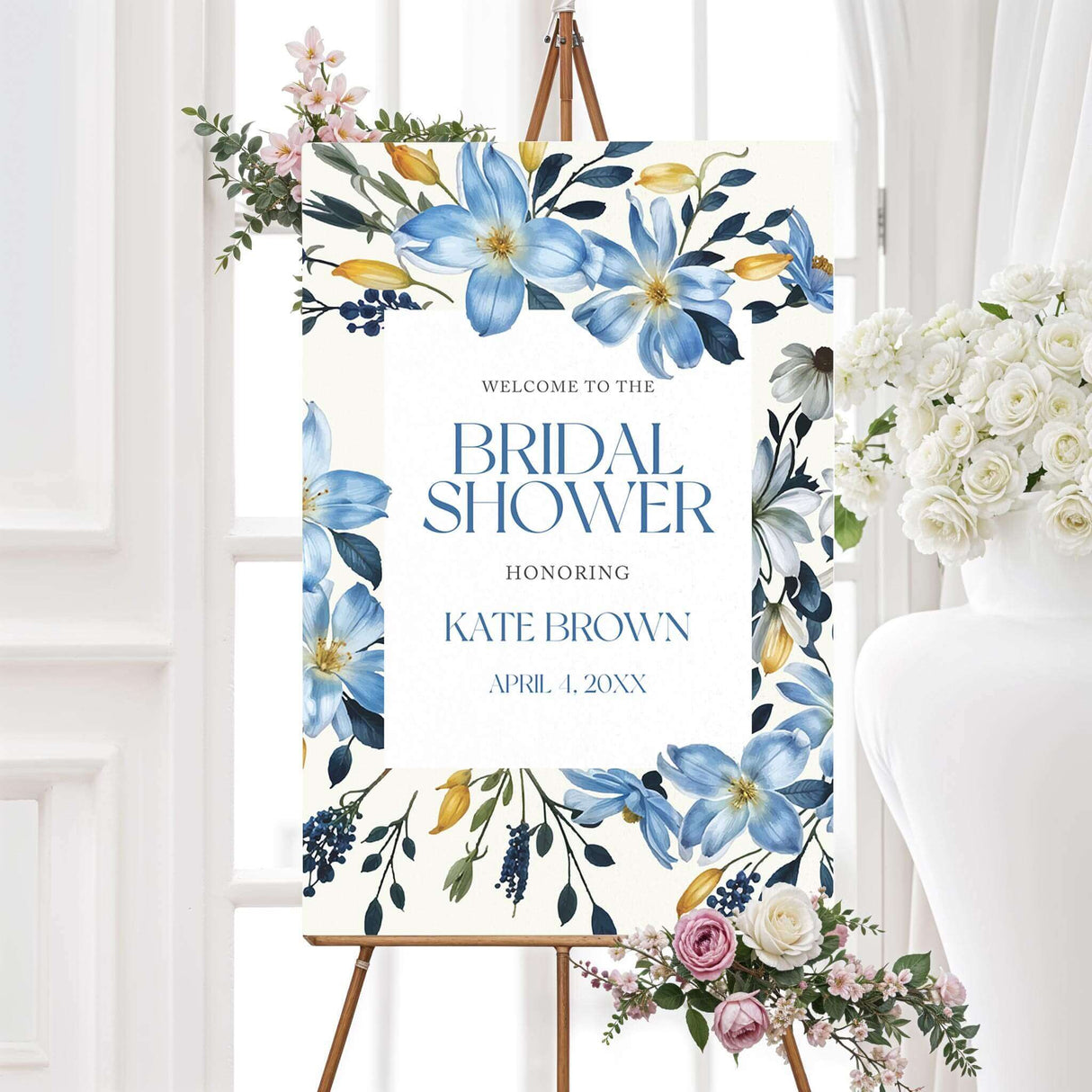 Bridal shower welcome sign featuring watercolor blue, gold, and ivory flowers, printed on high-quality material for elegant event décor.