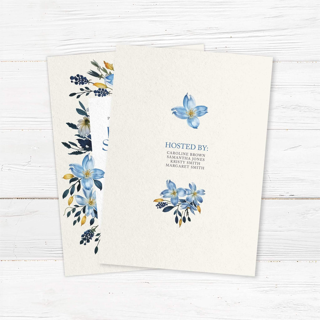 Bridal shower invitation featuring watercolor blue, gold, and ivory flowers with a modern elegant design, printed on premium cardstock. Back