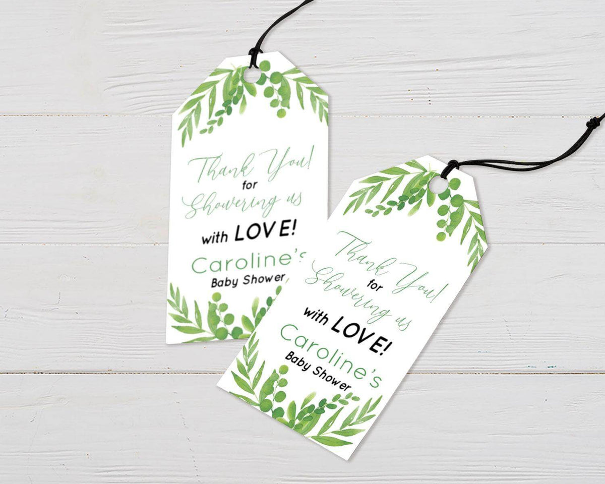 Elegant Leaf baby shower thank you tags featuring watercolor greenery and personalized message.
