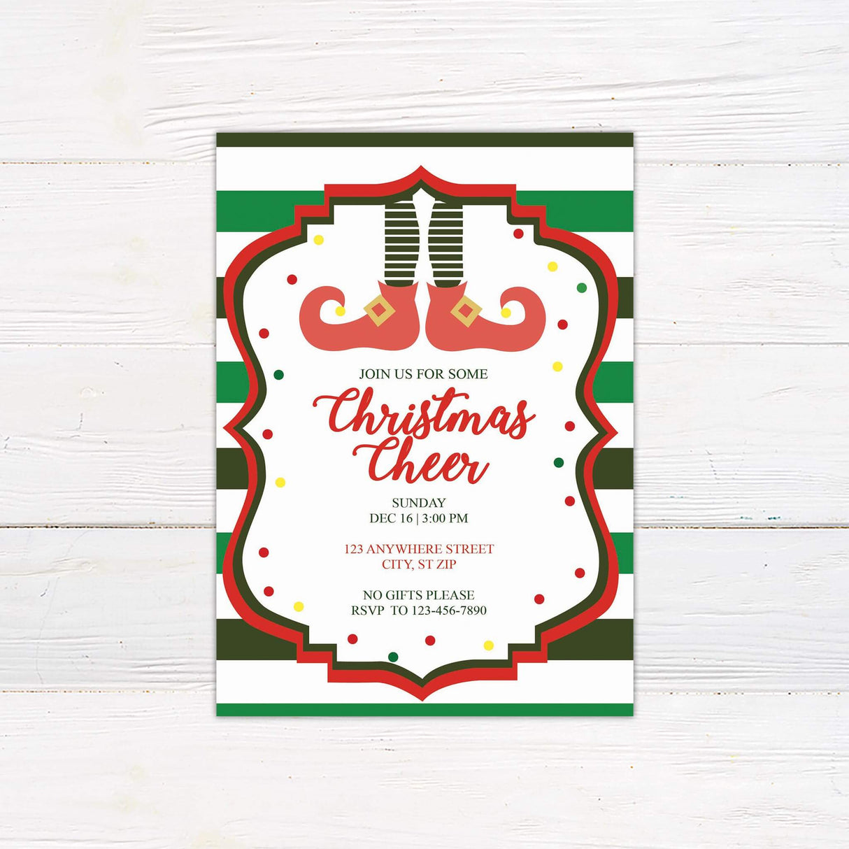 A Christmas party invitation with playful festive text and colorful decorations. The design features a cheerful holiday theme with a fun style.