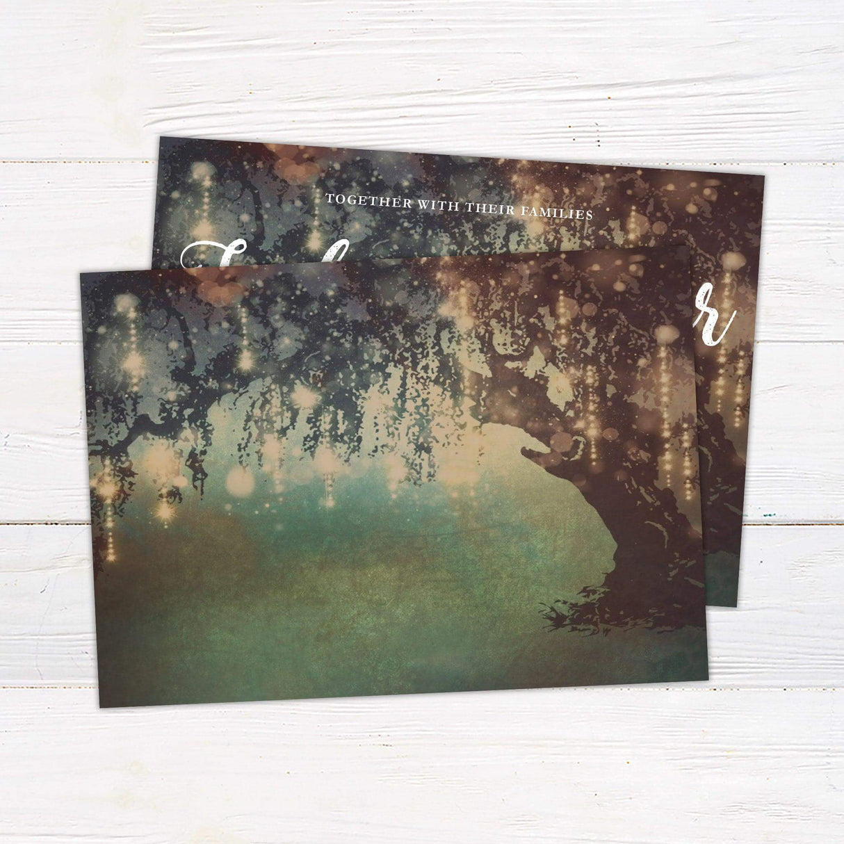 Wedding invitation with enchanted forest background, glowing lights, and whimsical script, designed in earthy tones with a magical woodland theme. - back