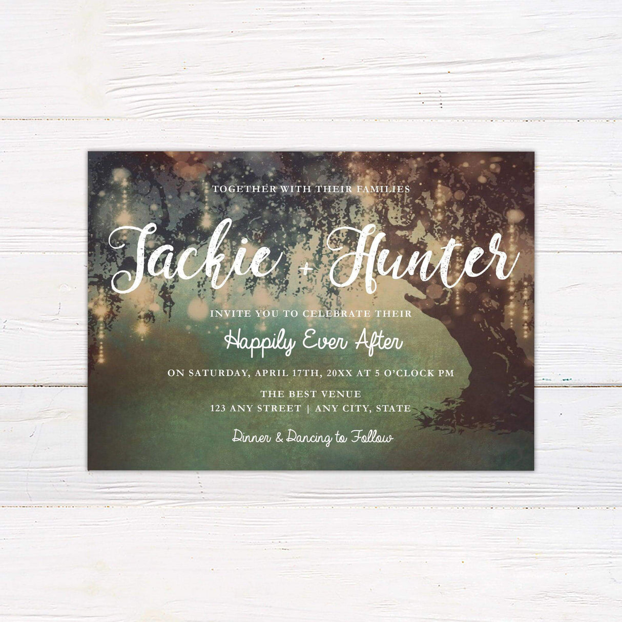 Wedding invitation with enchanted forest background, glowing lights, and whimsical script, designed in earthy tones with a magical woodland theme.