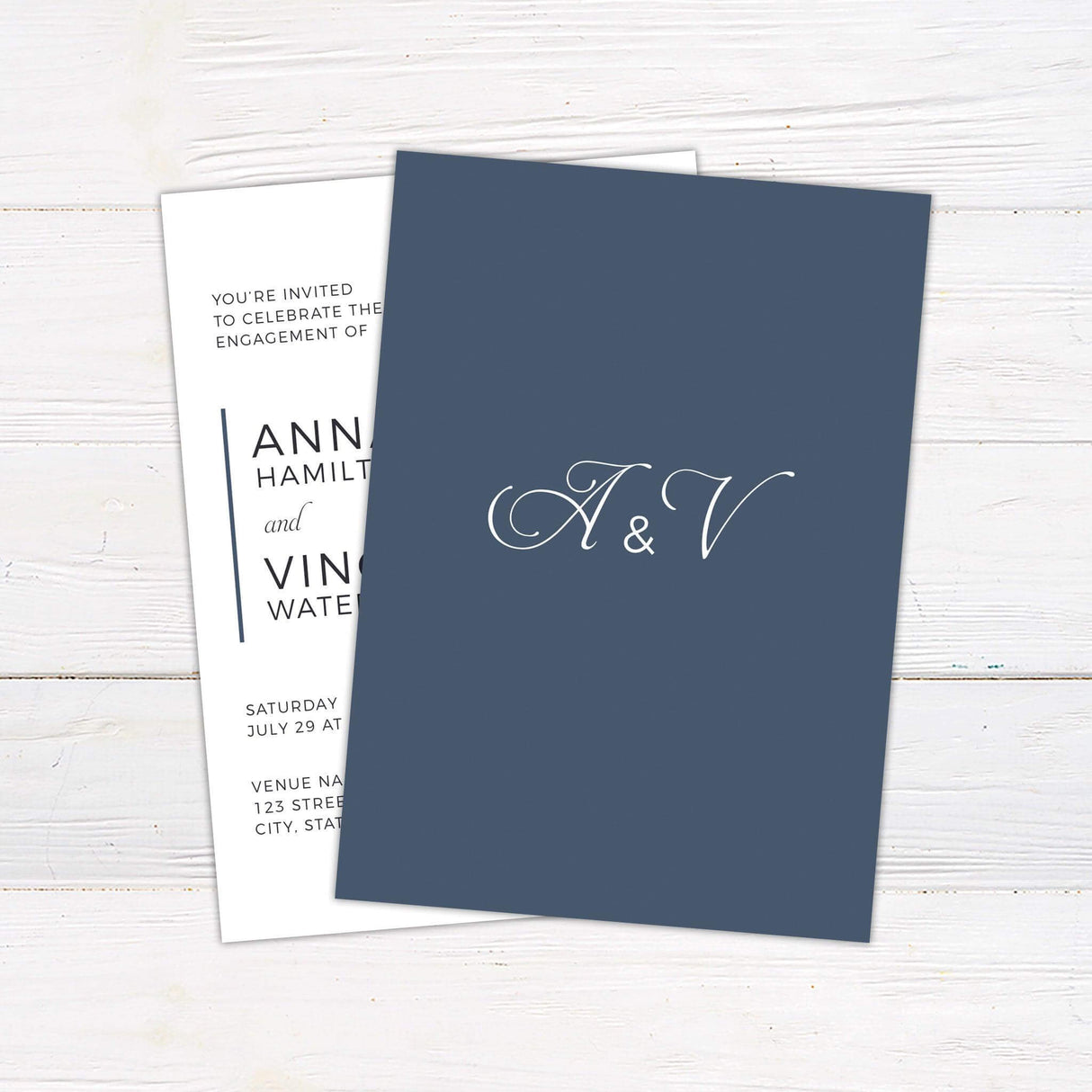 Engaged Party Invitation card with elegant design featuring initials 'A & V' on a blue cover and event details inside.