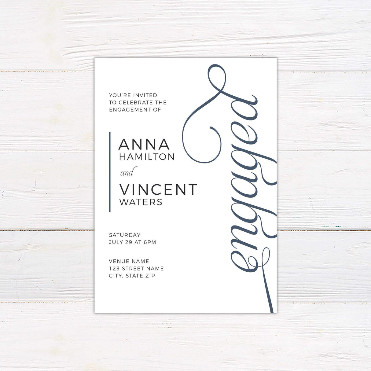 Engaged Party Invitation featuring elegant design, perfect for announcing your engagement in a bright and inviting manner.