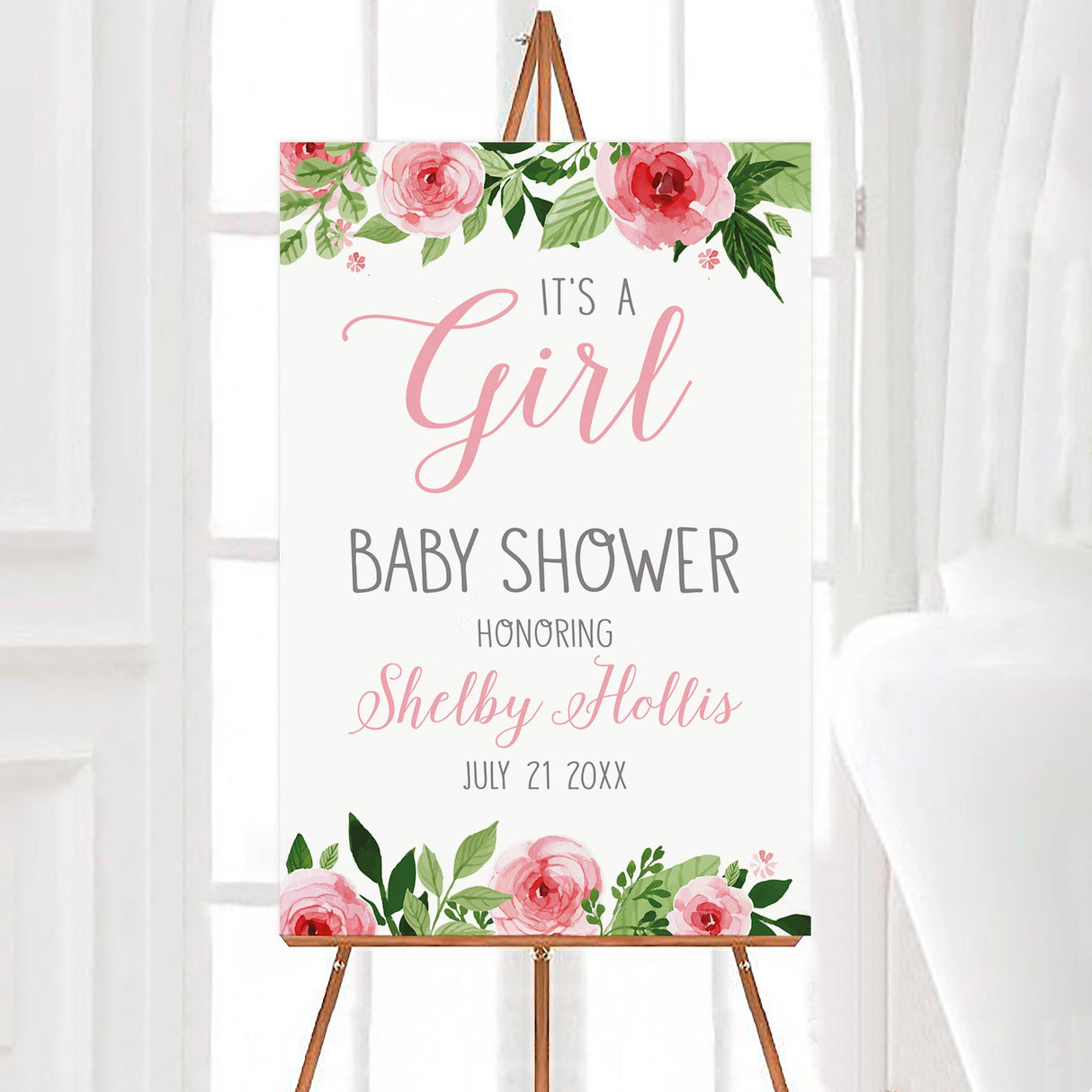 A English Rose baby shower welcome sign with pink roses and green leaves. The design features soft colors and elegant lettering.