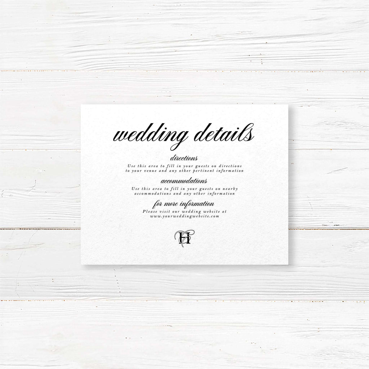 Black and white wedding detail card with simple serif font for printed event information
