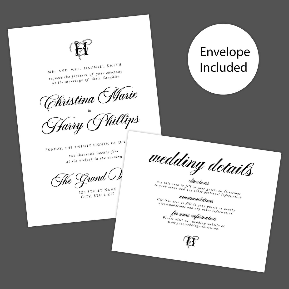 Elegant black and white wedding invitation with entwined initials monogram and formal typography - invite and Details