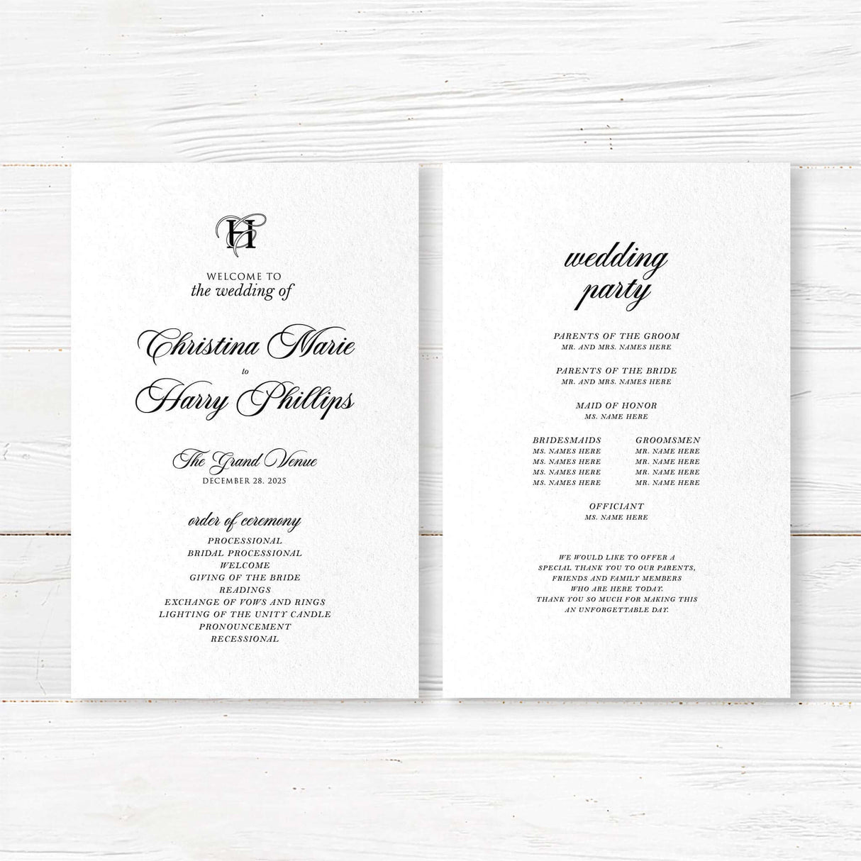 Elegant wedding ceremony program in black and white with monogram and formal fonts