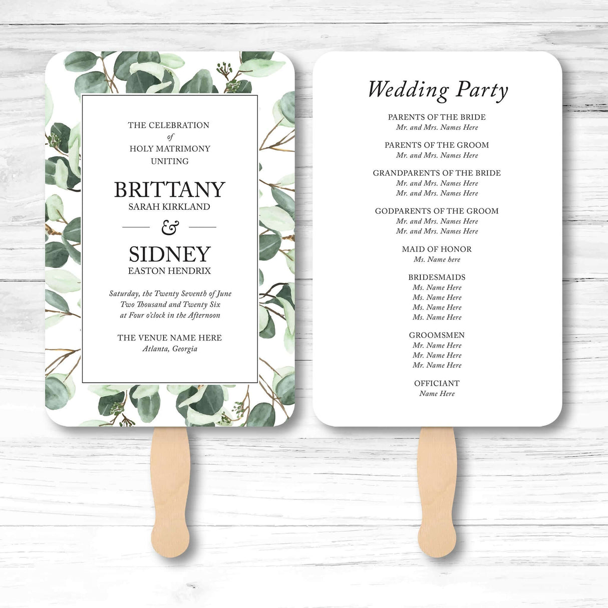 Botanical greenery wedding program fan with vine illustration, wooden handle, and double-sided layout for ceremony details and wedding party info