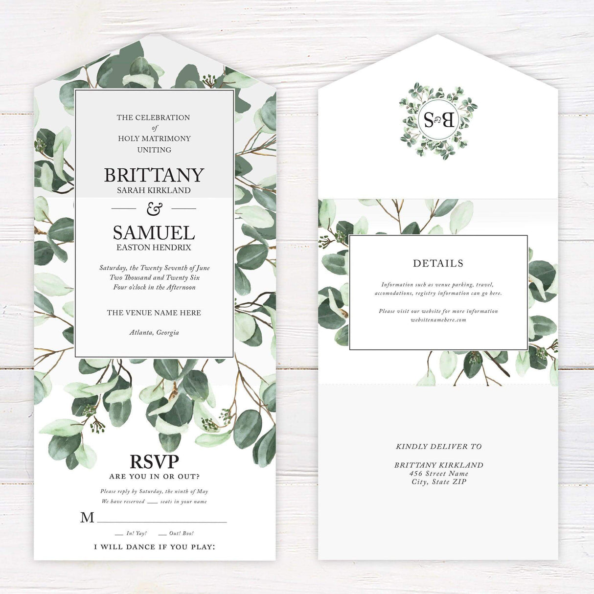 Elegant wedding invitation with a greenery design featuring eucalyptus leaves and gold accents. Folded design includes event details, RSVP section, and additional information. Classic black and white typography on high-quality cardstock. Perfect for a modern or nature-inspired wedding. Both Sides.