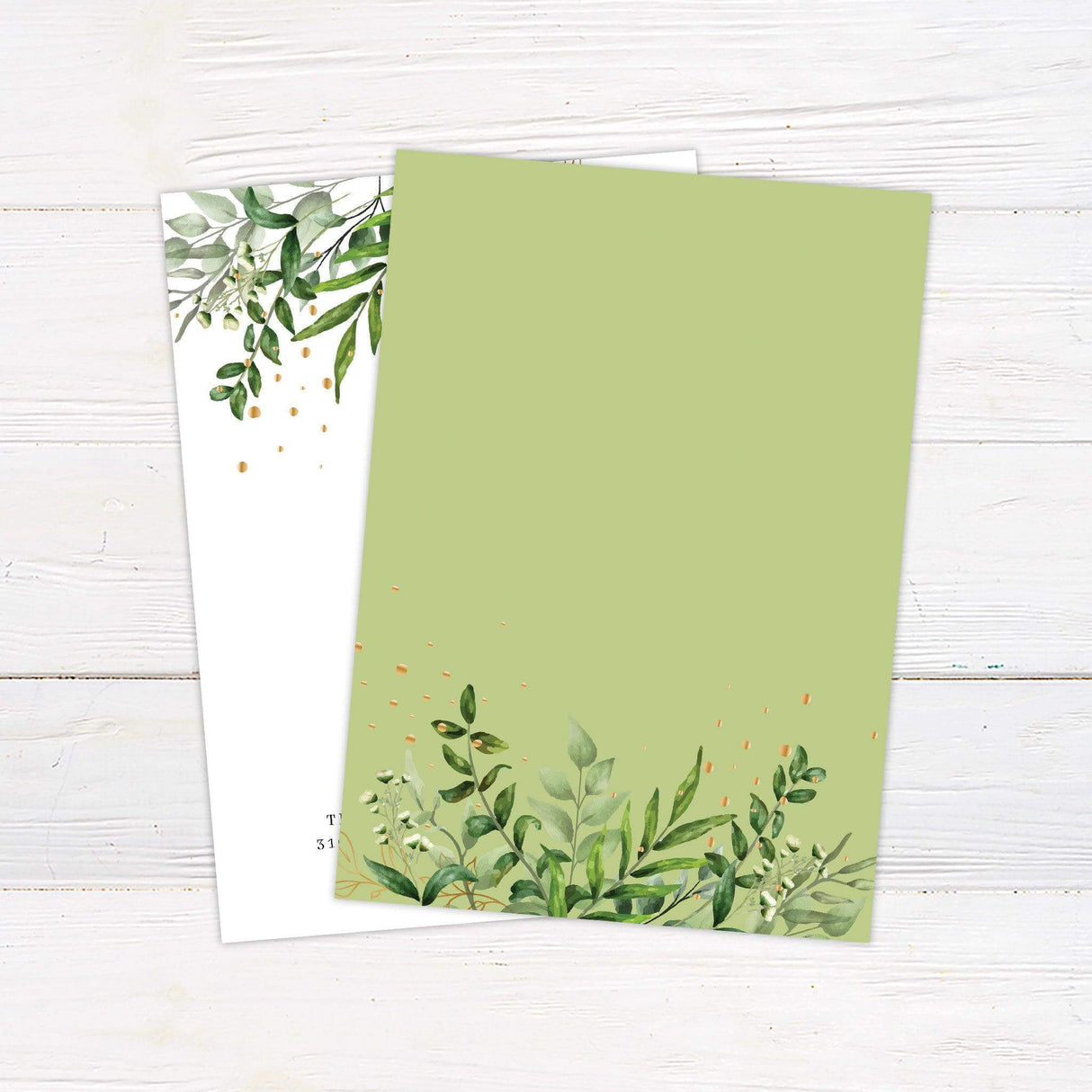 Watercolor eucalyptus wedding invitation with gold splatter accents and greenery border, featuring elegant serif and script fonts on a white background. - back