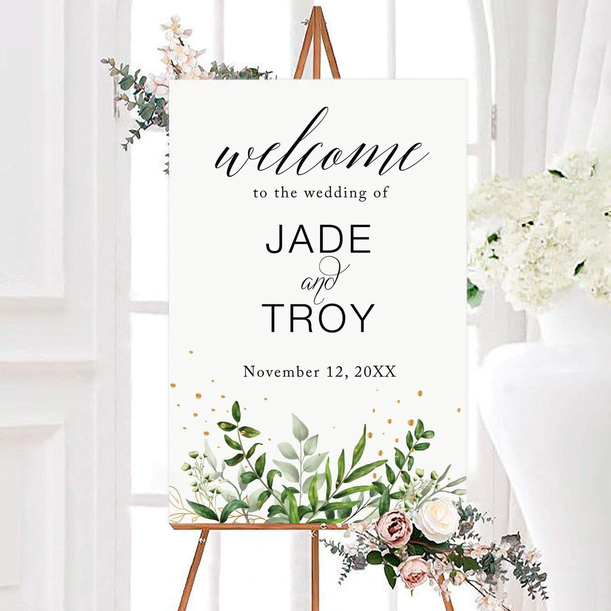 Personalized eucalyptus gold wedding welcome sign featuring watercolor eucalyptus greenery and scattered gold-inspired accents along the bottom. The clean design includes elegant script lettering, the couple’s names, and their wedding date.