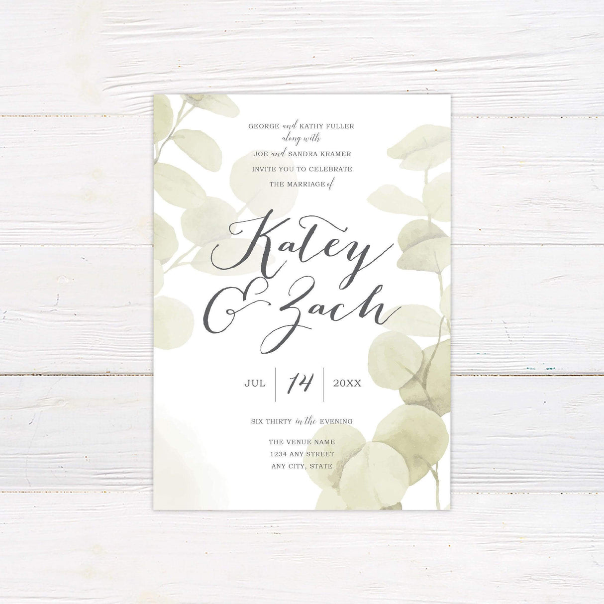 Watercolor eucalyptus wedding invitation with soft green foliage and elegant calligraphy on a light background, ideal for rustic and botanical themes.