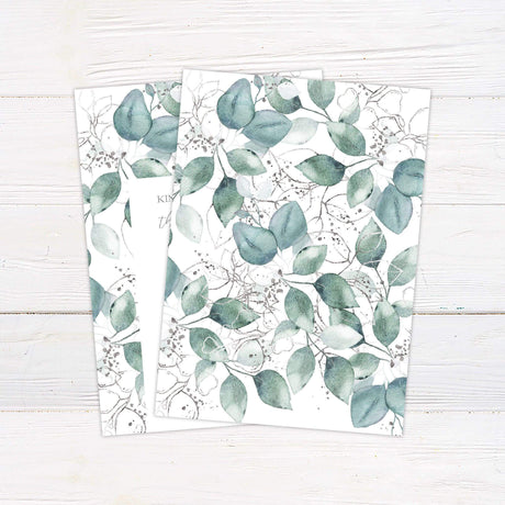 Watercolor eucalyptus wedding invitation back with silver botanical details and minimalist fonts, printed on white background