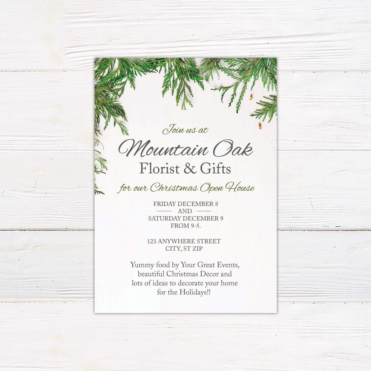 A Christmas event invitation with festive greenery accents and elegant text. The design has a clean, seasonal style with a welcoming holiday theme.