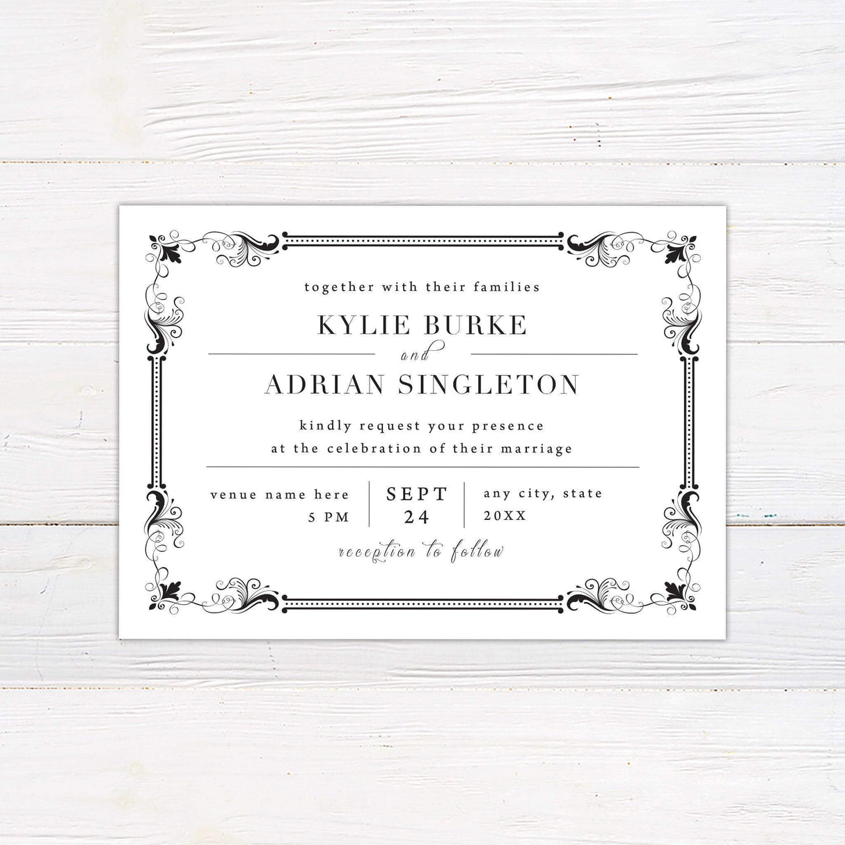 Formal black and white wedding invitation with ornate vintage scroll border and classic serif text layout for elegant events.