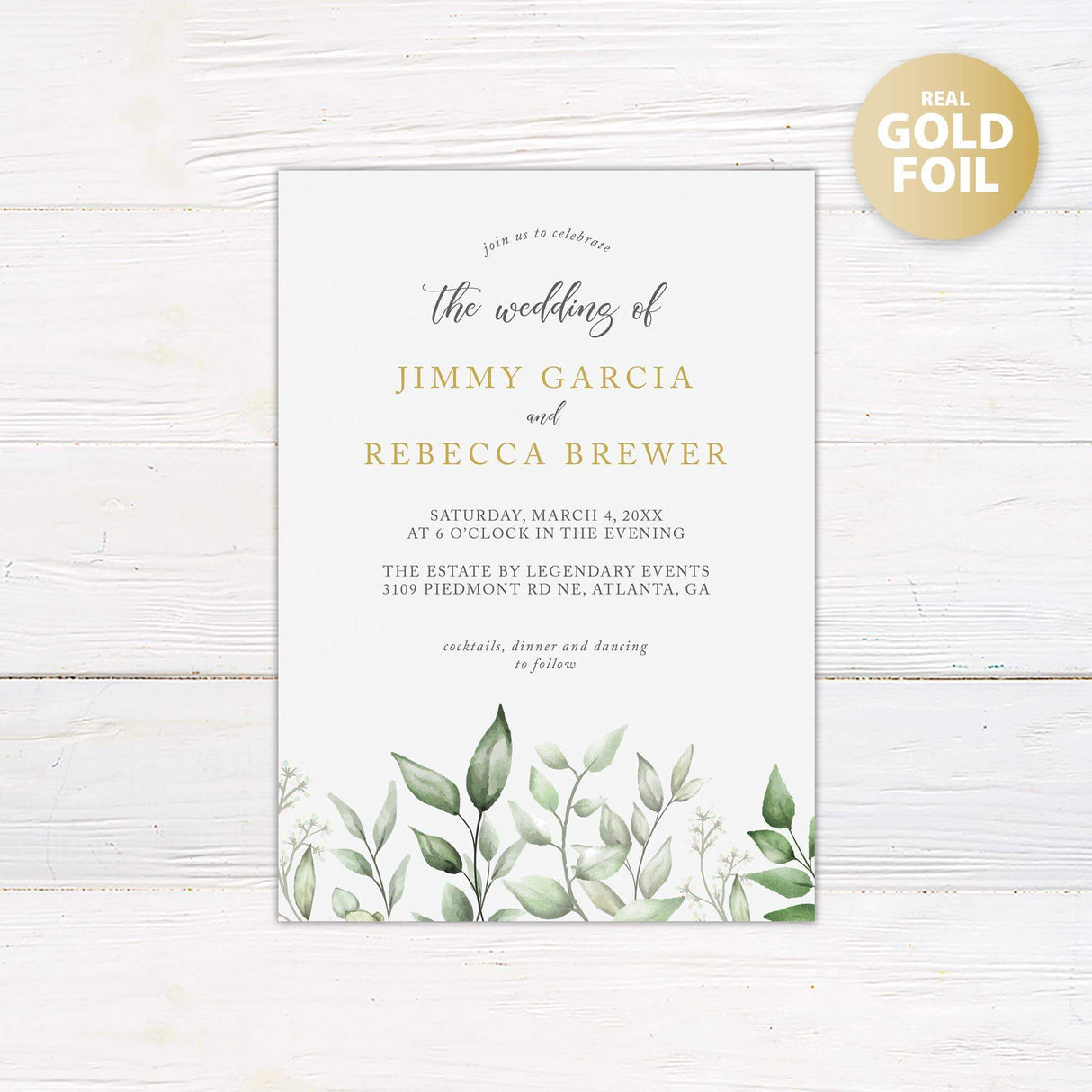 Faded Eucalyptus Leaves Foil Invitation - goprintplus