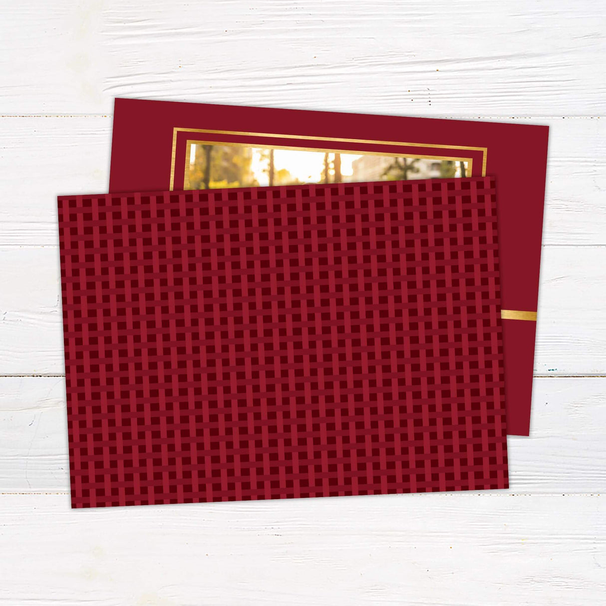 Custom Christmas card with burgundy background, gold frame accents, and elegant script text reading Faith, Hope and Love with space for a family photo. - back.