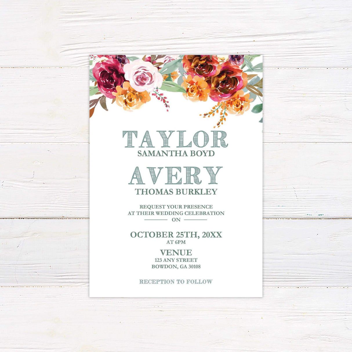 Wedding invitation with bold serif text and watercolor florals in burgundy, peach, and rust tones arranged along the top edge