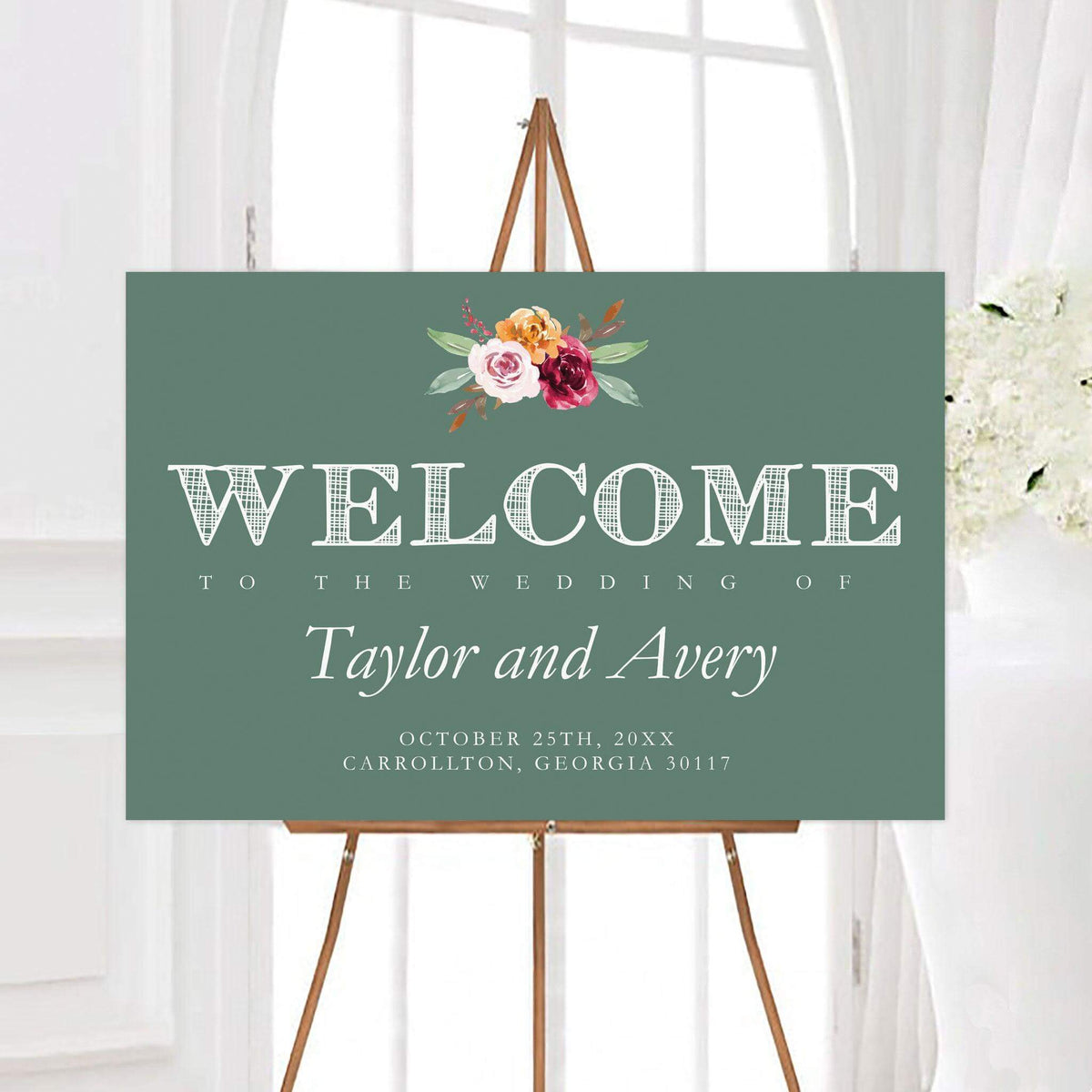 Fall blooms wedding welcome sign featuring a watercolor floral arrangement and elegant typography. The personalized design includes the couple’s names, wedding date, and location.