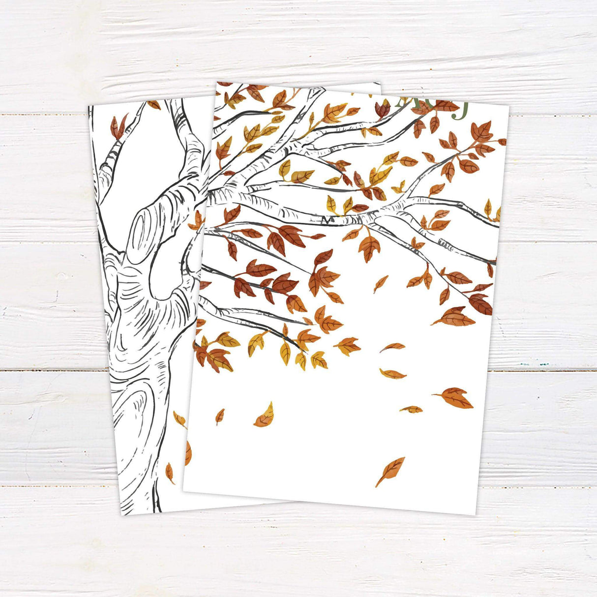 Rustic wedding invitation featuring a hand-drawn fall tree with watercolor leaves in autumn colors and elegant handwritten script. back