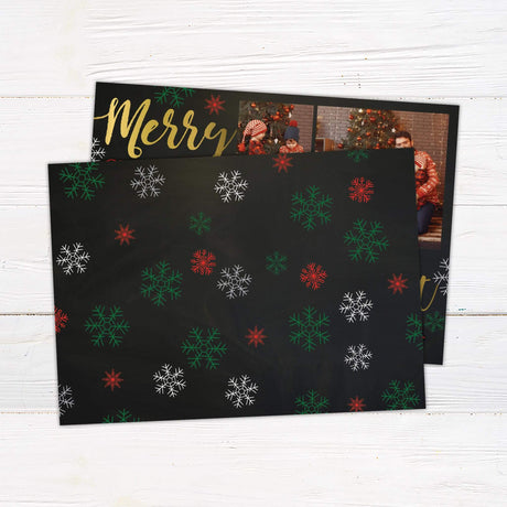 Custom family collage Christmas card with gold and red lettering, snowflake accents, and multiple photo spaces for personal holiday memories. - back.